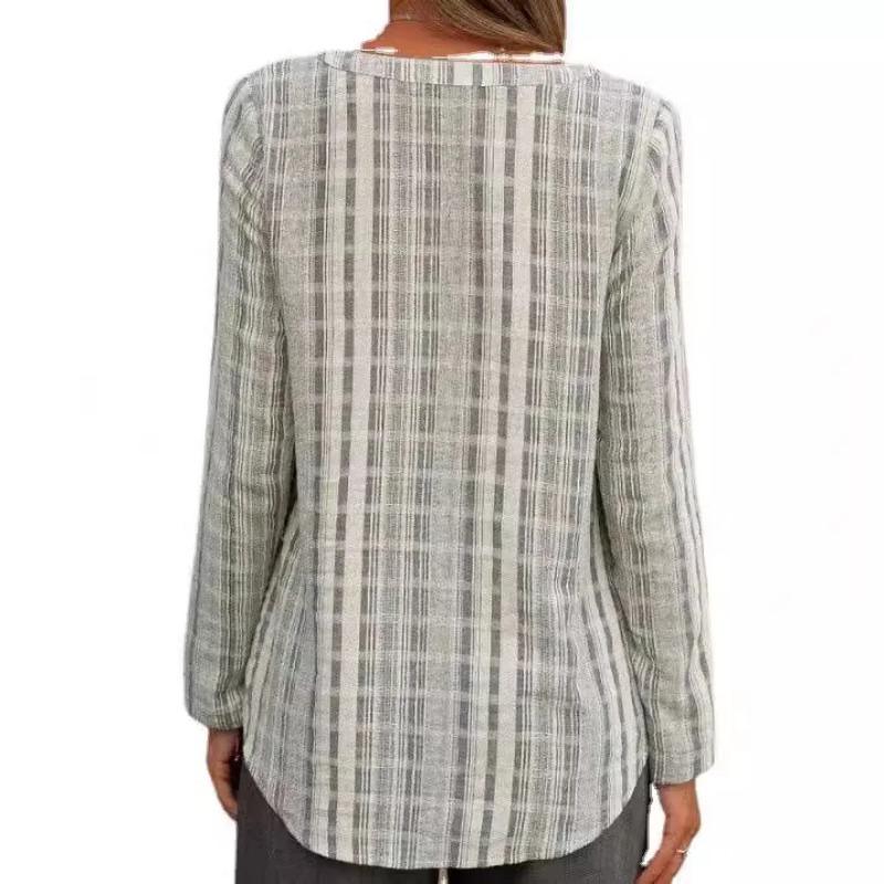 Women Shirts Fashion 2025 Spring Autumn Style Blouses Lady Casual Long Sleeve V-Neck Striped Printed Pockets Casual Loose Tops