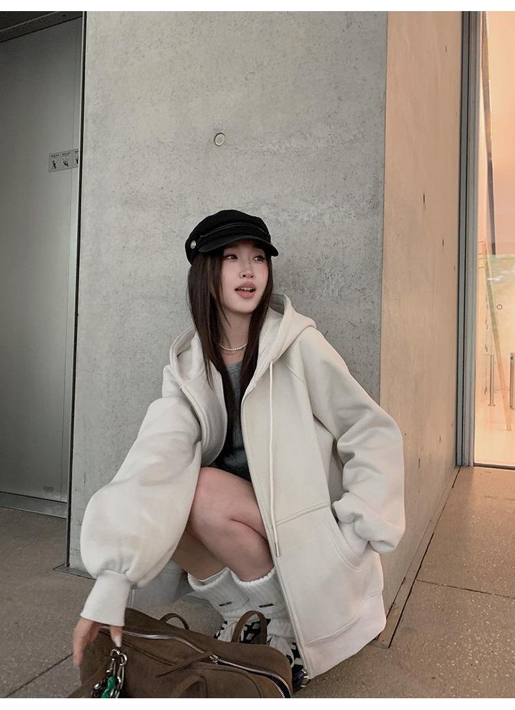Hongshan Women's Coconut Shell White Heavyweight Casual Hoodie Cardigan - High GSM, Spring/Autumn