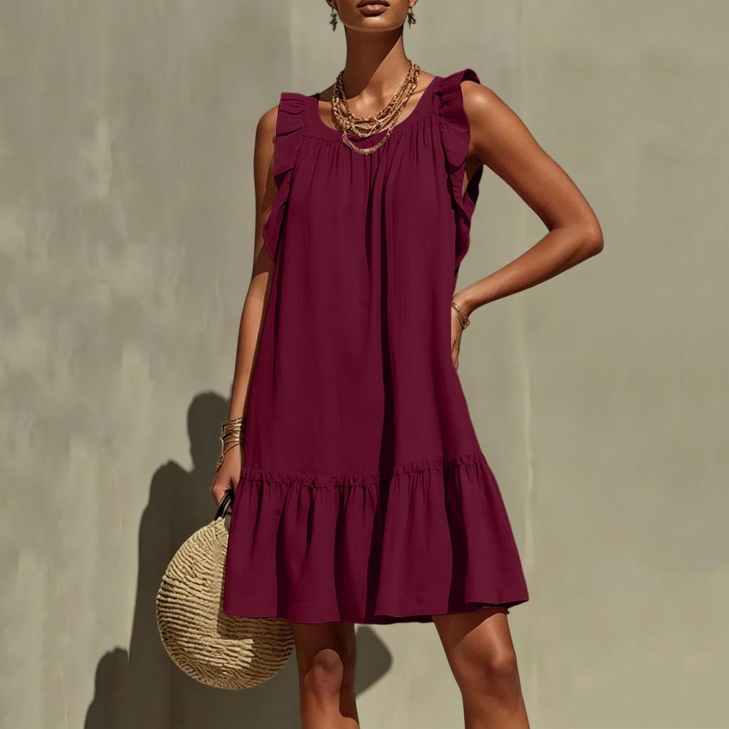Ladies' Color Fashionable Casual Loose Round Neck Sleeveless Ruffle Dress