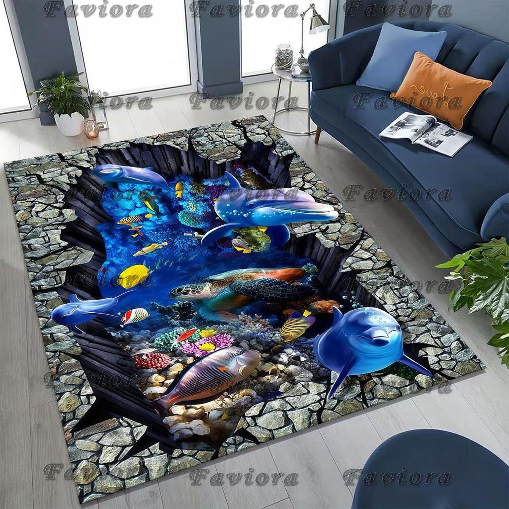 27 Style 3D Illusion Sea Underwater World Dolphin Rug for Bedroom Living Room Sofa Home Doormat Decor, Kids Non-slip Floor Mat