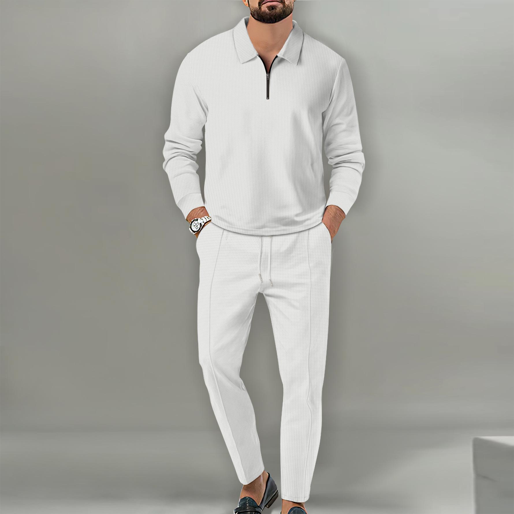 

Men s New Waffle Solid Color Zipper Long-sleeved Sports Trousers Two-piece Set S белый