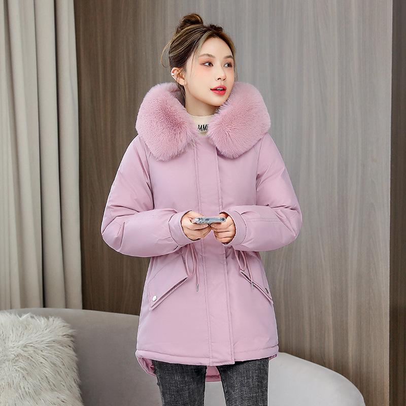 Winter New Style Style Overcomes Women's Mid Length Plush Thickened Cotton Coat Cotton Coat Middle Aged Women's Large Fur Collar Coat