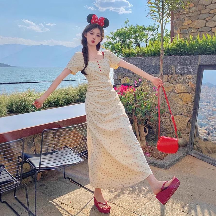 French waist dress women s summer new thin cover meat hip skirt design floral short skirt S