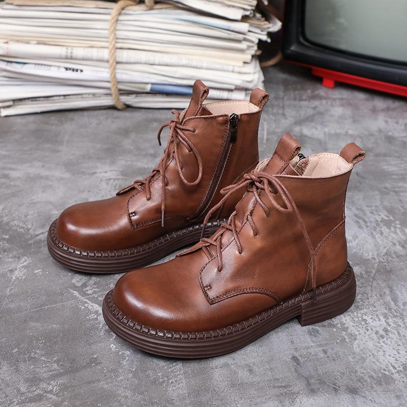 Winter Warm Boots Women Lace-Up Round Toe Flat Ankle Boots Handmade Retro Real Cowhide Side Zipper Plush Cotton Shoes