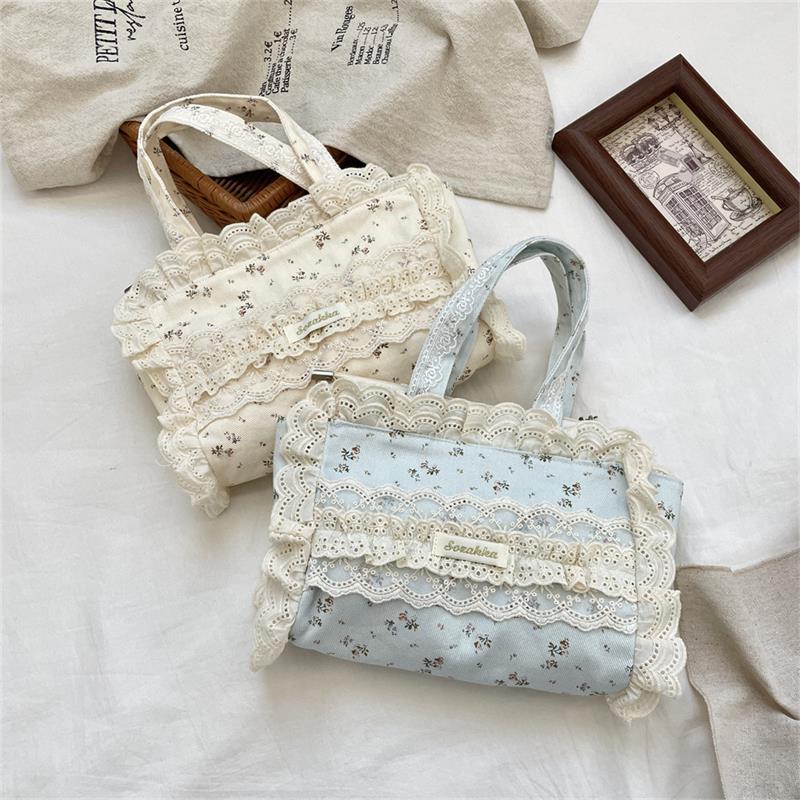Cute Sweet Lace Floral Handbag Large Capacity Casual Commuting Tote Bag Portable Storage Bag Girl Heart Clutch Cosmetic Bag Gift