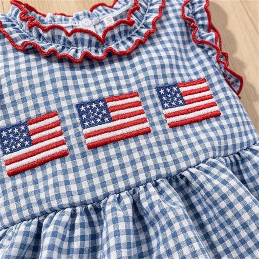 Toddler Girls Sleeveless Top and Shorts Set Gingham Pattern Embroidered Flag Detail Summer Outfit Lightweight Breathable Fabric