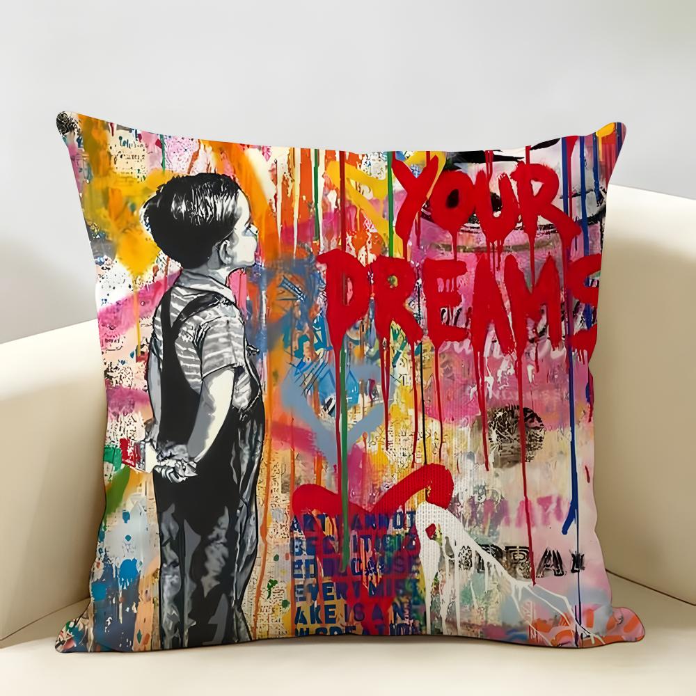 BBanksy Graffiti Mr BBrainwash Cushion Cover Natural Linen Organic Fabric DoubleSided Printing Room Sofa Decor Pillow Case