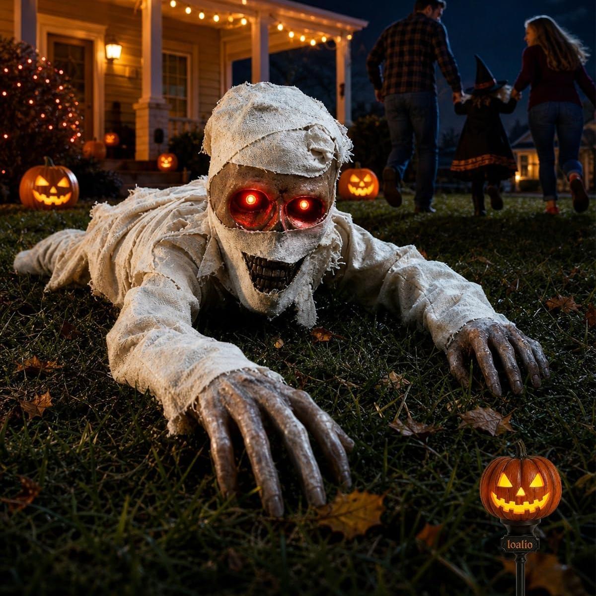 Animovaná plaziaca sa múmia aktivovaná zvukom s žiariacimi červenými očami Halloweenska kostra Hlasová rekvizita Rozbíjače zeme v rakve Rozsvietiaca socha Strašidelná strašidelná 1pc gray