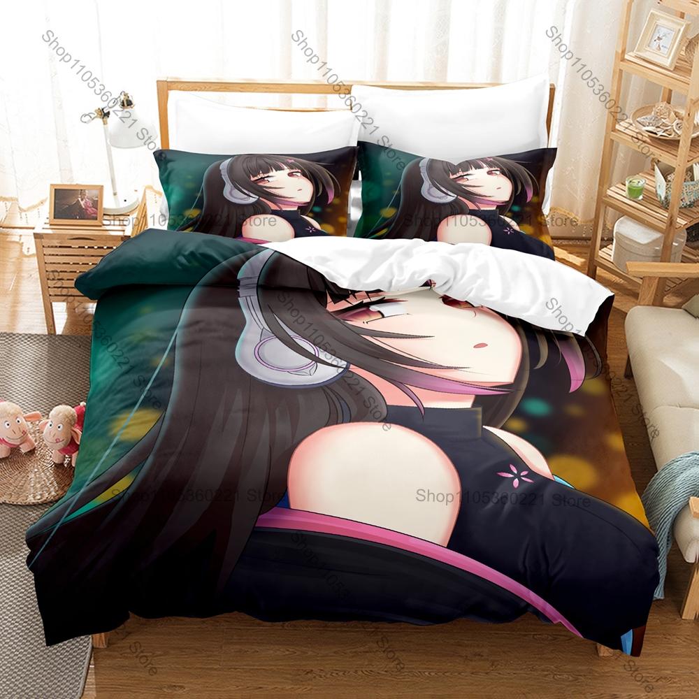 Cool Hana Yomeguri Bedding Set Duvet Cover + 2 Pillowcases Polyglot Indie Kawaii Pink Blue Black Anime Bedroom Decor