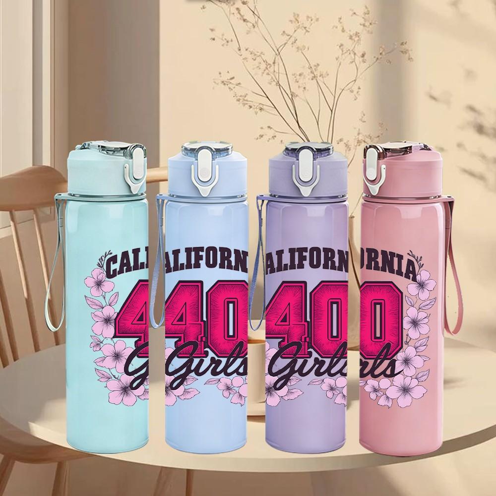 1PC California 40 Girly Floral Print 750ml Color Plastic Sports Water Bottle Leakproof Flip Straw Lid Suitable for Sports Office Home Use