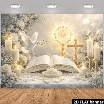 Elegant Communion Backdrop, Soft White and Gold Religious Scene, Serene and Sacred Ceremony Wall Art