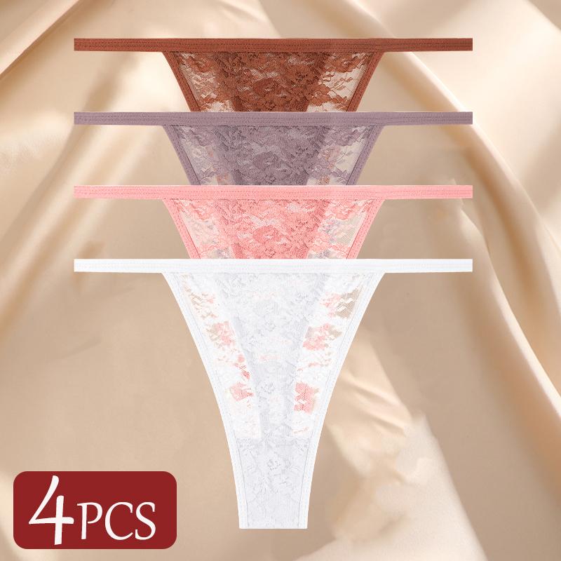 4Pcs/Set Sexy Lace Panties Women Elastic Hollow Out Transparent G-string Thong Female Lace Underpants Perspective Sexy Intimates