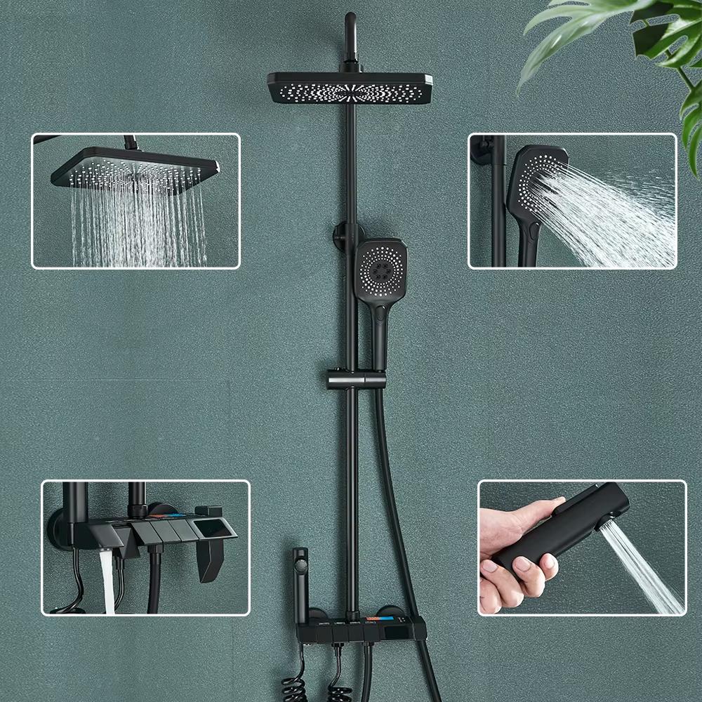 Bathroom shower faucet set, shower thermostat with digital screen, hot water shower and heat sharing mix, 4 features