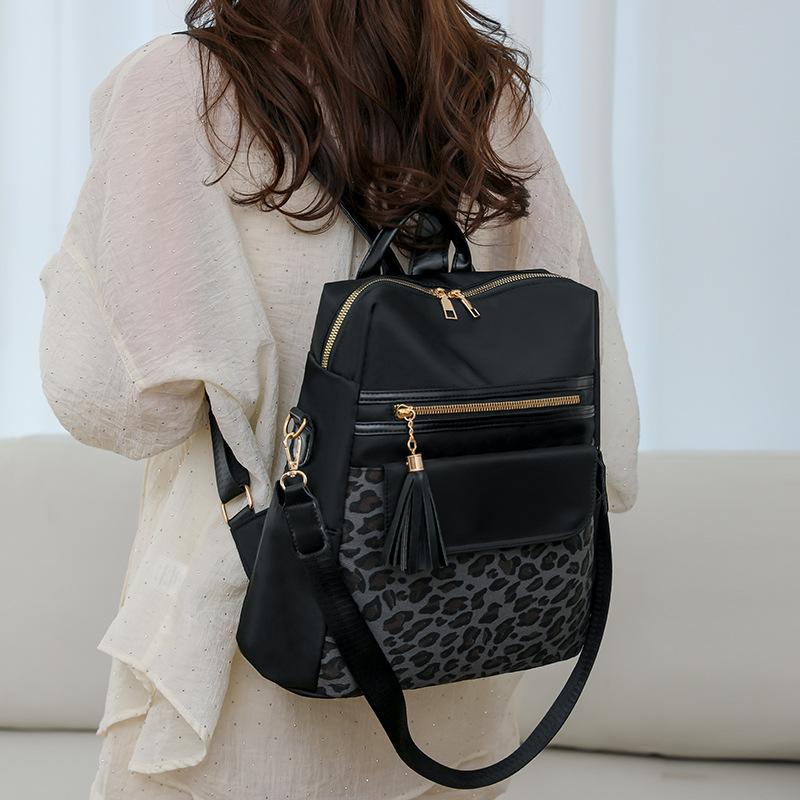 Patchwork Backpack Women's Leopard Print Backpack Large Capacity Schoolbag