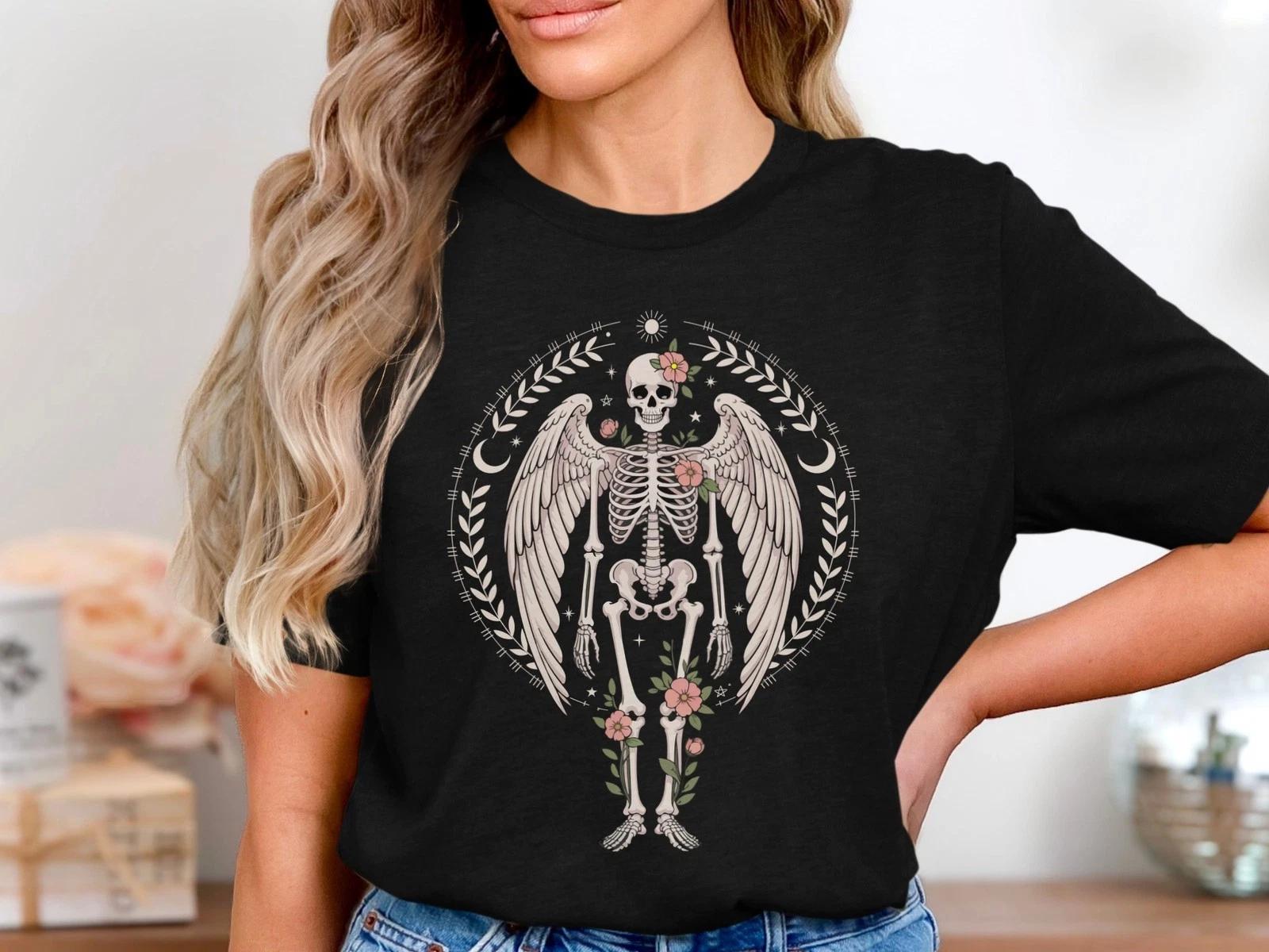 Floral Skeleton Wings T-Shirt, Gothic Floral Skull Tee, Aesthetic Grunge Shirt L