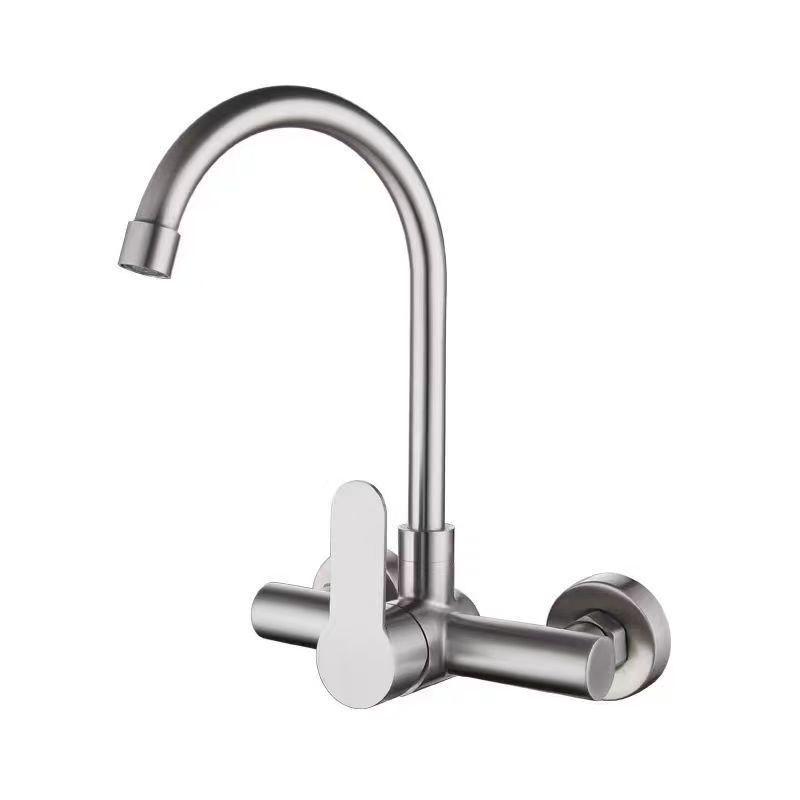 

304 Stainless Steel Wall-Mounted Double-Hole Kitchen Faucet with Rotatable Hot/Cold Water Output