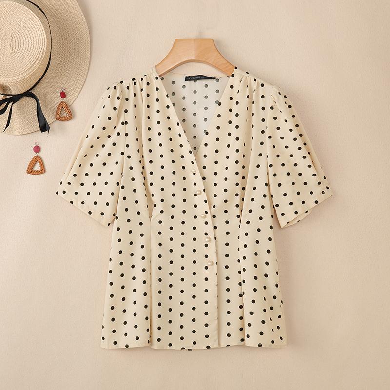 ZANZEA Women Casual V-Neck Short Sleeve Polka Dot Print Blouse