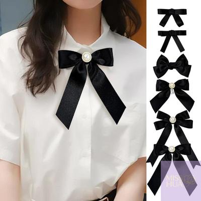 Black Ribbon Bow Pearl Brooch For Women Versatile Shirt Collar Pins Clothing Decoration Ribbon Tie Jewelry Accessories Gifts