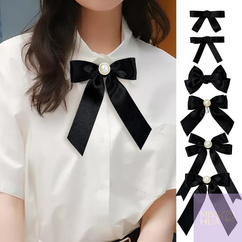 Black Ribbon Bow Pearl Brooch For Women Versatile Shirt Collar Pins Clothing Decoration Ribbon Tie Jewelry Accessories Gifts