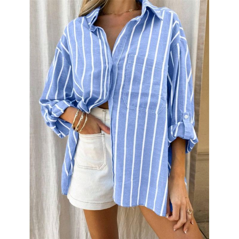 

Women Striped Oversized Long Sleeve Button Down Shirt Casual Loose Top XXL синій
