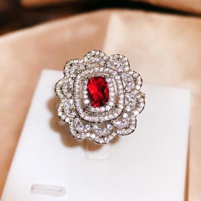 Luxury Dark Red CZ Rings Women Gold Color Aesthetic Flower Design Ring for Women Bride Wedding Ceremony Party New Trend Jewelry