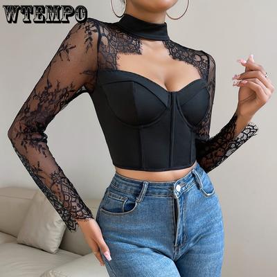 Sexy und modisches Spicy Girl Low Cut Top mit schmaler Passform und Spitze, langärmelige Damenbekleidung