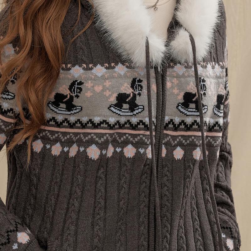 UNIFREE Retro Fair Isle Jacquard Hooded Sweater with Faux Fur Collar