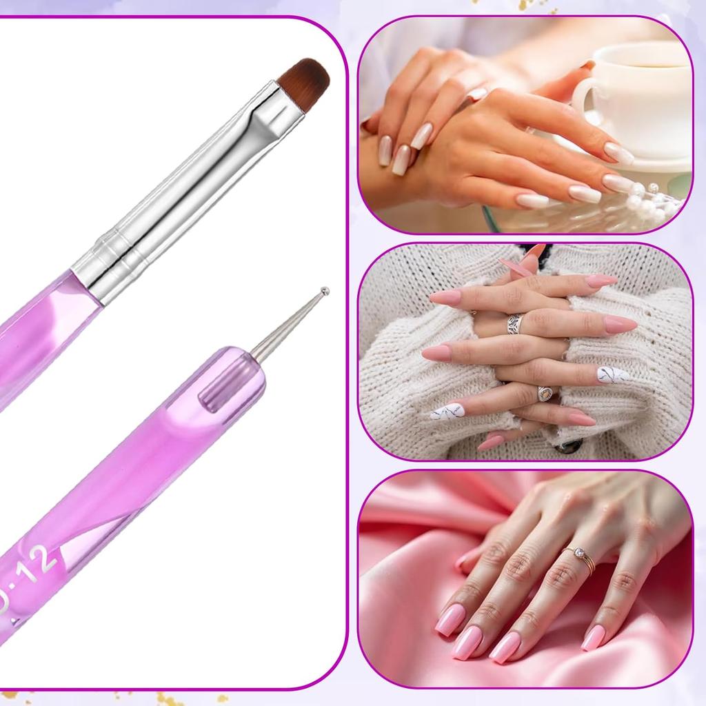 4 Pcs French Gel Nail Art Brush, Double-Ended French Gel Acrylic Nail Brush with Dotting Tool, Professional Manicure Tool for Manicure Cuticle Clean
