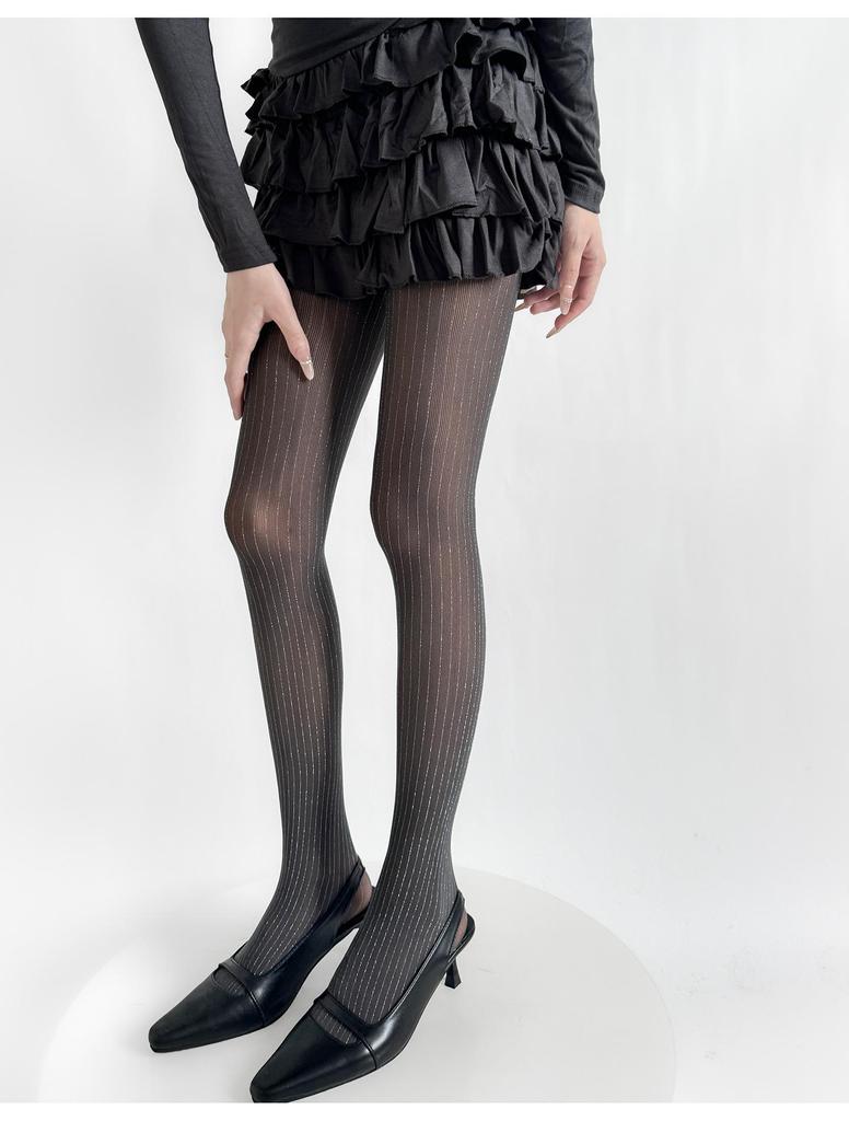 Autumn/Winter Silver Thread High-End Black Striped Leggings with Grey Layered Spicy Girl Stockings