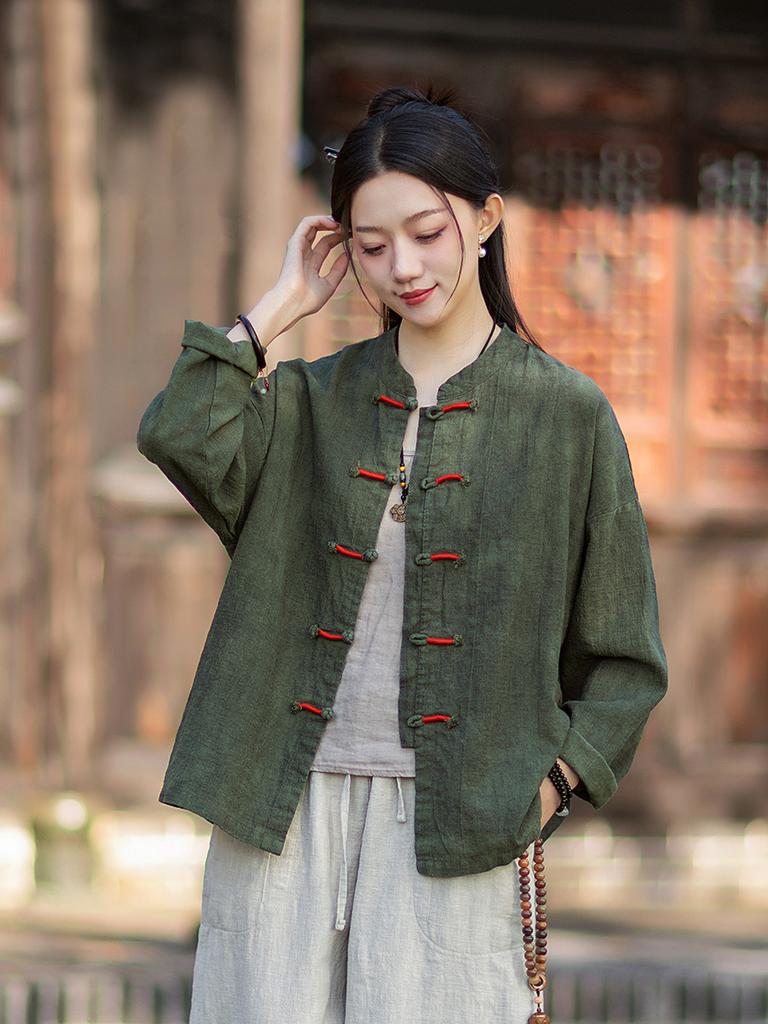Johnature Women Vintage Blouses Spring Chinese Style Solid Color Shirts Stand Long Sleeve Button Shirts