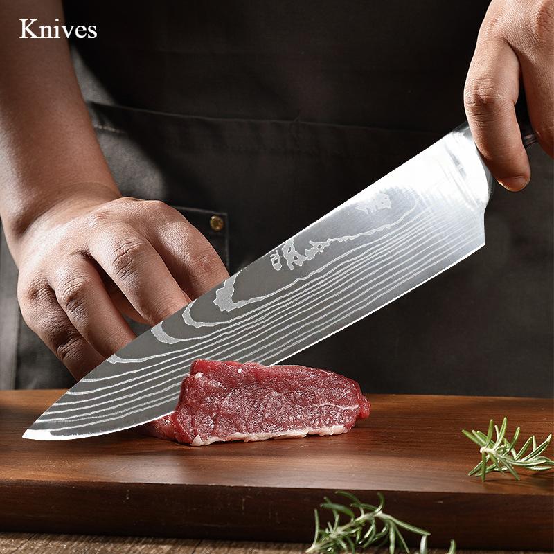 8 "Chef's Knife Stainless Steel Knife Imitation Damascus Large Wave Color Wood Handle Slice Knife Kitchen Knife