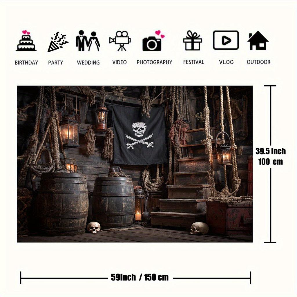 1 Piece, Pirate Ship Background Cloth with Skull and Cross Bone Flags, Wooden Barrels, and Rope Details