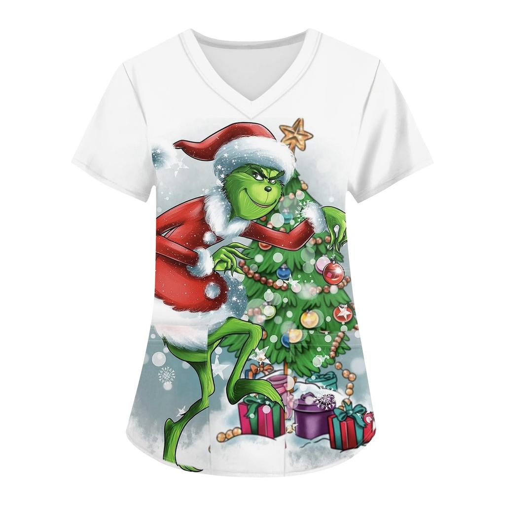Women's Christmas Printing Uniform Work Uniform V-Neck Pocket Protective Work Uniform