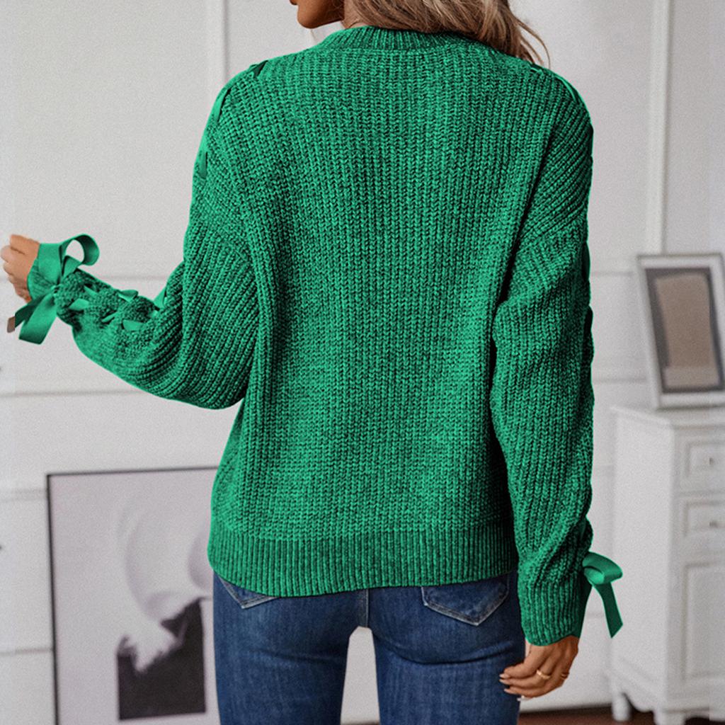 Women's Fashion Casual Pullover Loose Bowknot Solid Color Knitted Long Sleeve Sweater