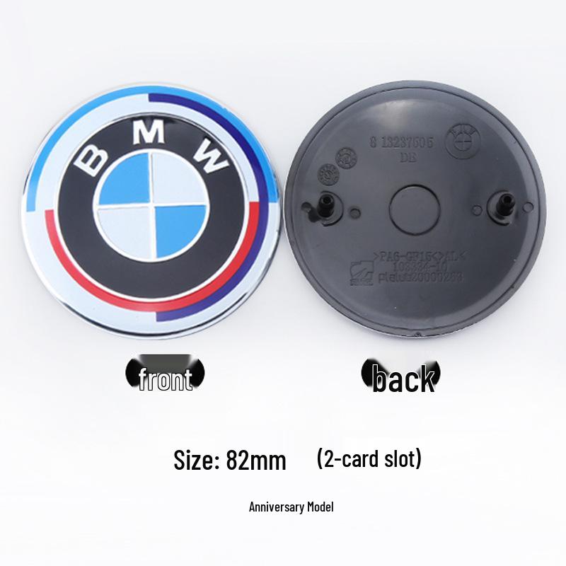 BMW Anniversary Edition Front & Rear Emblems: 82mm Rear in Blue & White, 74mm Front with Black Background.