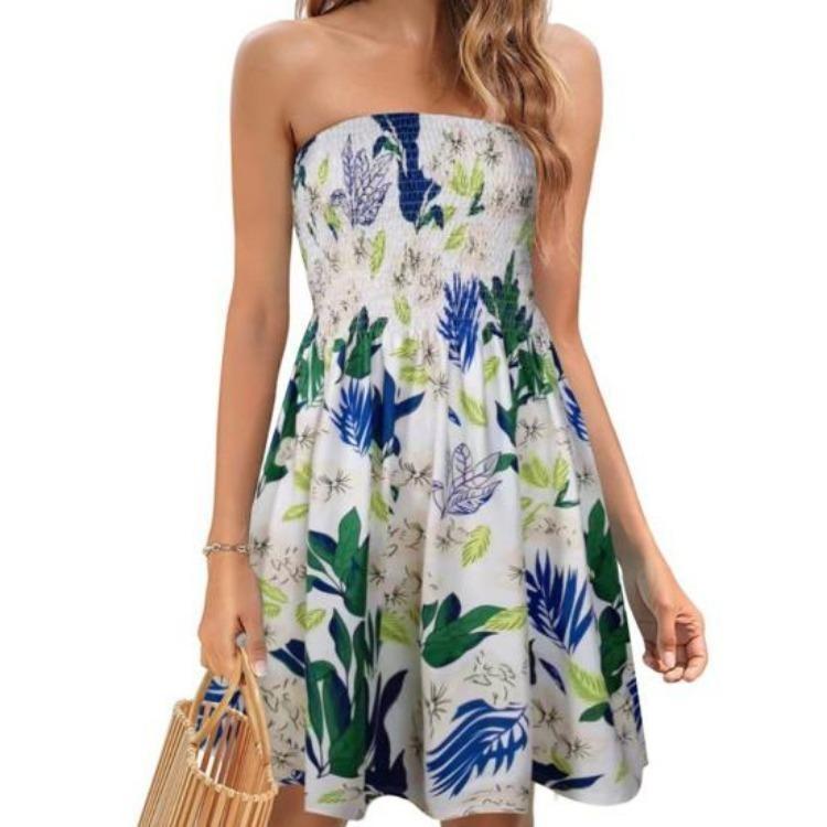 Summer Off Shoulder Dress Women Sleeveless Backless Bohemian Floral Printed A-line Elastic Bust Knee Length Beach Vacation Bandeau Dress