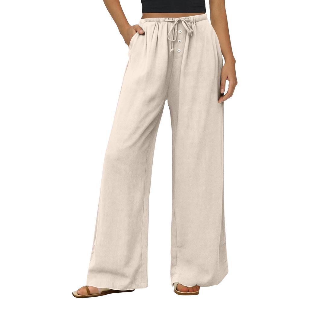 Women's Casual Fashion Cotton And Linen Drawstring Button Trousers