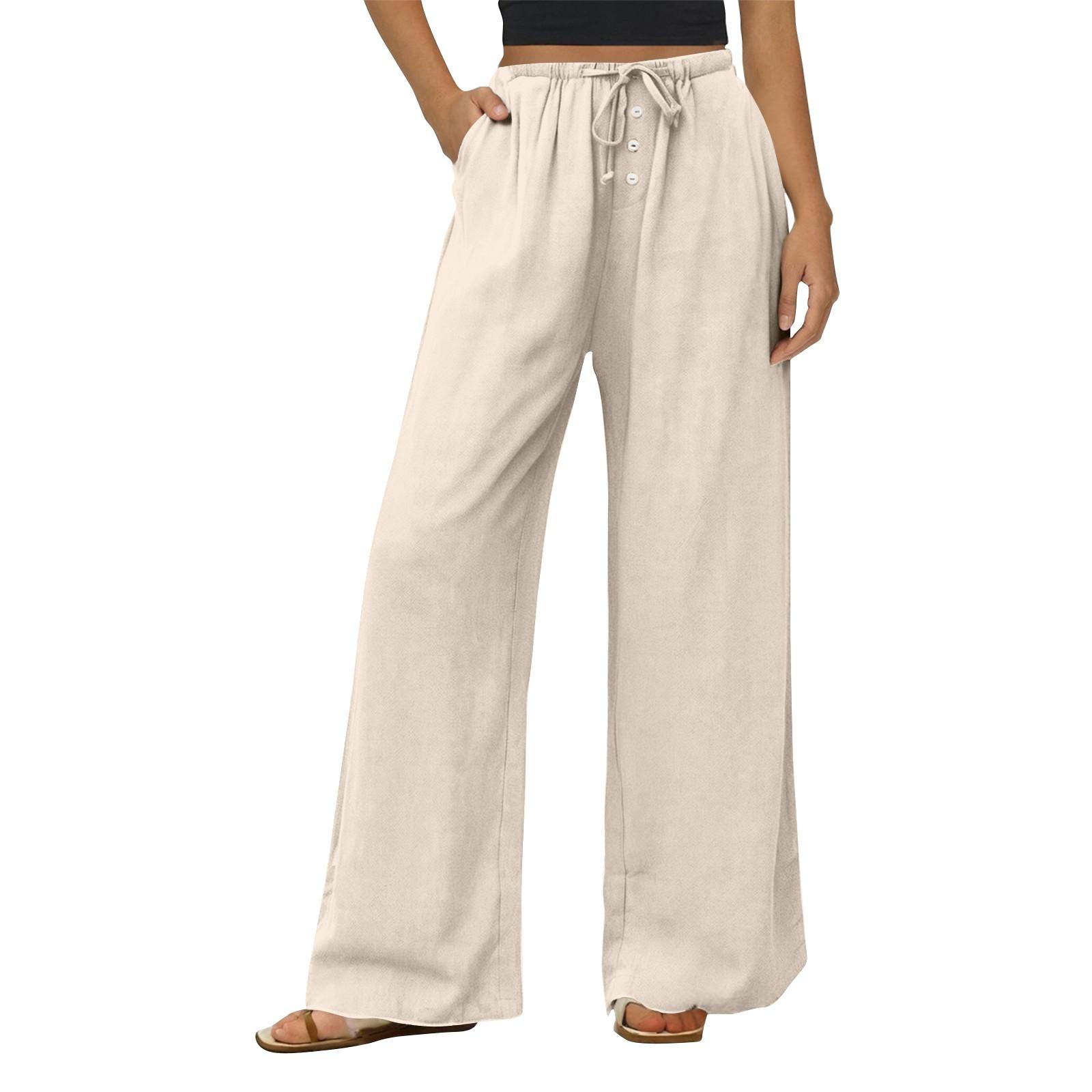Women s Casual Fashion Cotton And Linen Drawstring Button Trousers S бежевый