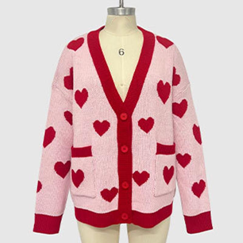 Women Autumn Winter Long Sleeve V Neck Love Heart Two Pocket Soft Breathable Loose Cardigan Sweater Coat