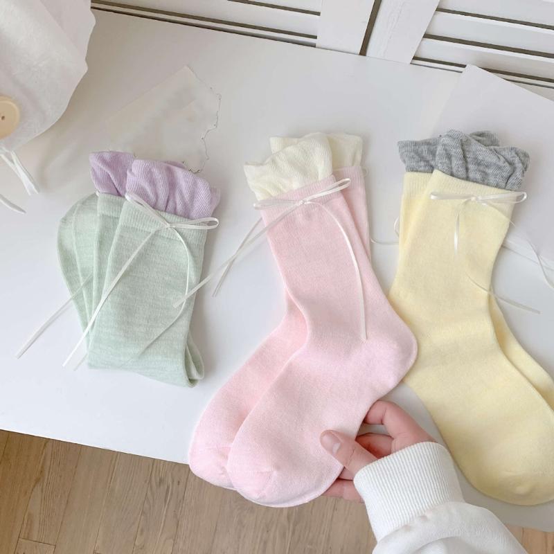 Womens Japanese Sweet Ribbon Bowknot Accent Crew Socks Elegant Students Color Block Ruffle Top Splicing Cotton Socks
