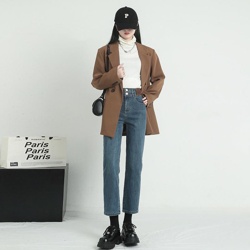 Women's High-Waisted Black Cigarette Jeans - Autumn 2023 Trendy, Slim, Loose, 9/10 Length