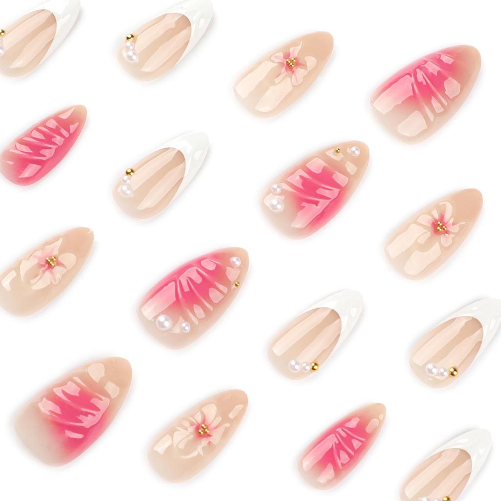 3D French Blossom Short Almond Wearable Nail Art – Elegant European and American Fake Nails
