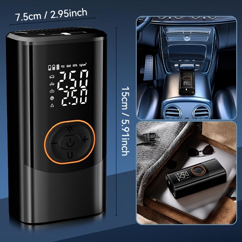 Portable air compressor with digital pressure gauge, 150PSI rechargeable battery, LED light, wireless tire inflator, and USB Type-C interface.
