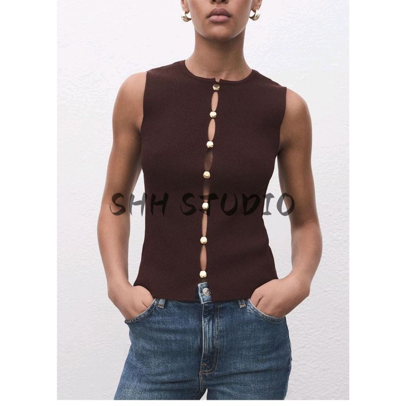 Autumn New Women Clothes Casual Round Neck Sleeveless Metal Button Decoration Knitted Slim Fit Vest 17034140