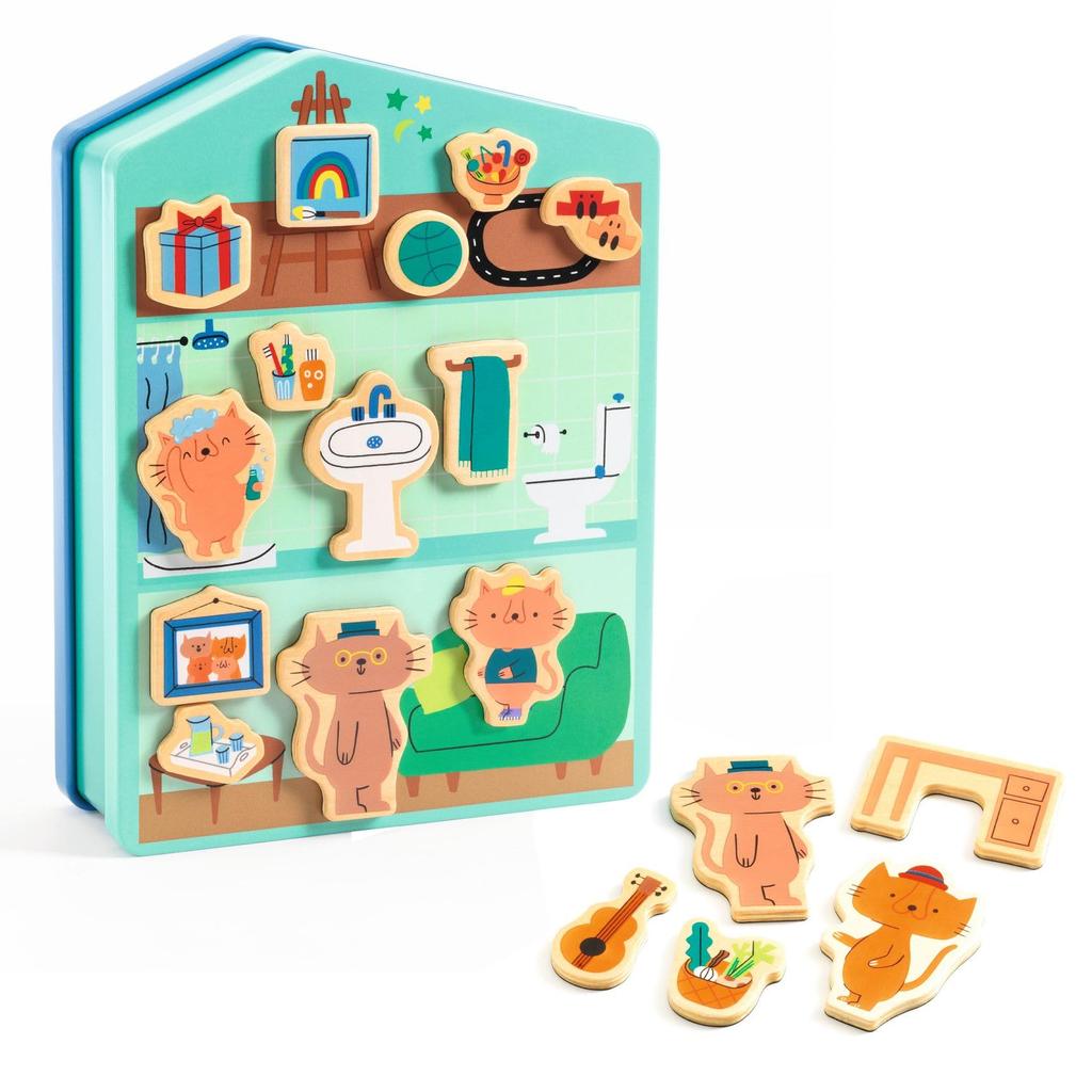 DJECO Magnet in the House Magnetic Toy Dollhouse Toy Furniture Interior Magnetic Wooden Educational Toy Puzzle Pretend Play Ages 2, 3, 4, 5 (DJ03089)