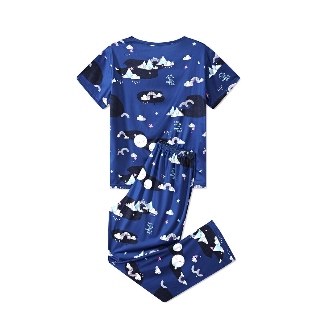 European and American Style Women's Fashion Spring Loungewear 2 Piece Short Sleeve Long Pants Pajamas Set Floral Print Homewear