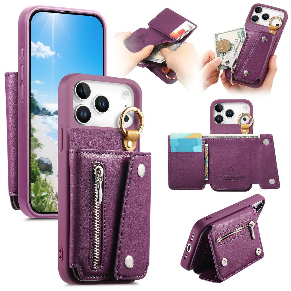 For iPhone 17 Pro Max Case D-Ring Holder Leather + PC + TPU Phone Cover with Wallet Kickstand