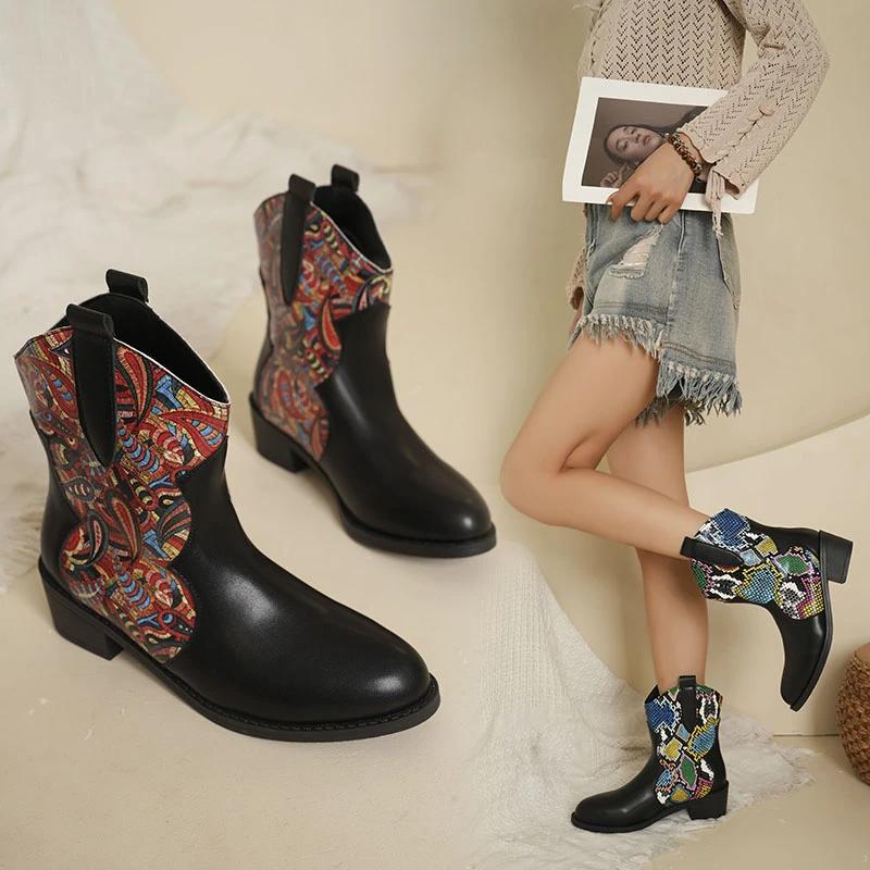 Fashion Shoes for Women 2024 Classic Pointed Toe Snake Print Women's Chelsea Boots Comfortable Square Heel Platform Boots Zapatos Mujer