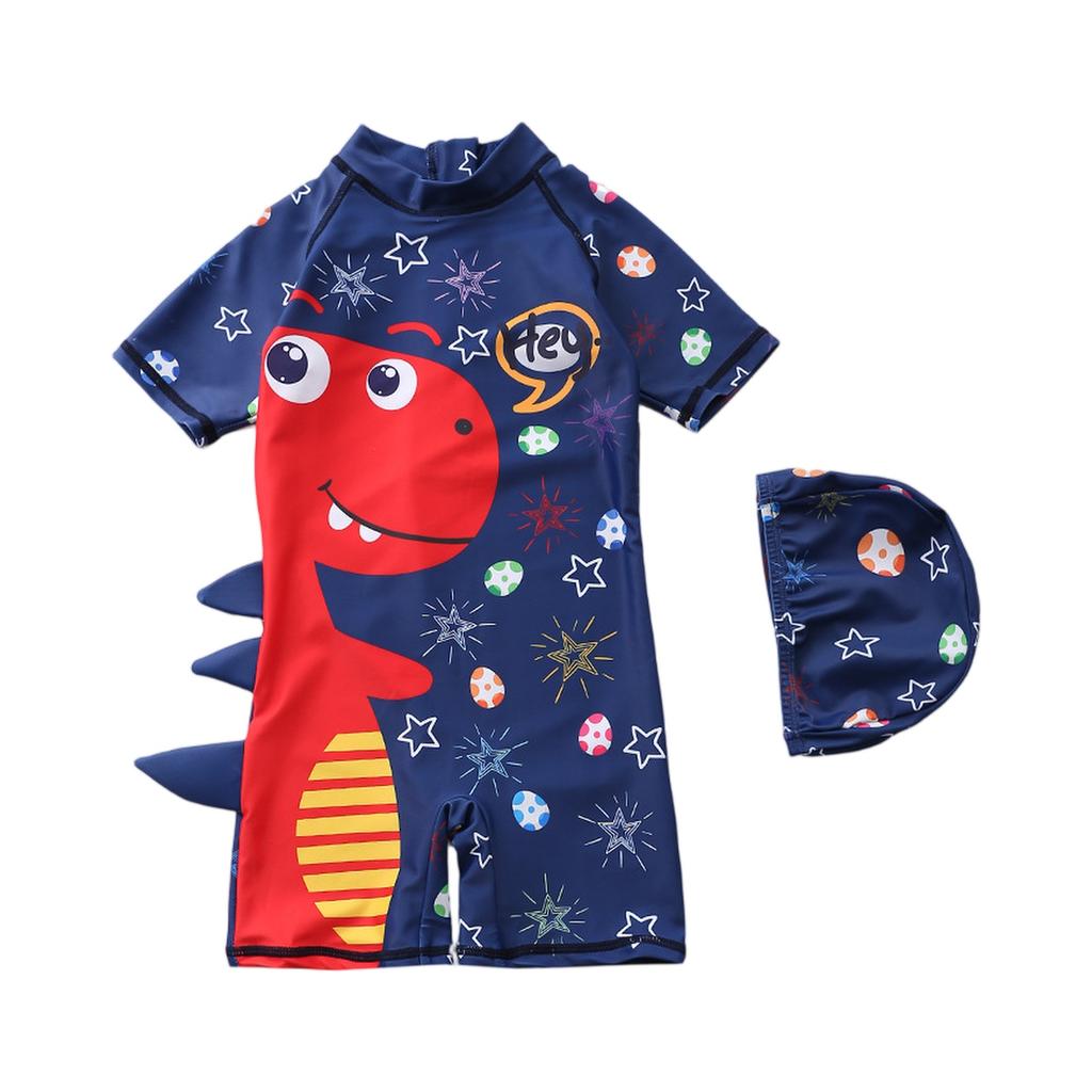 Boys Short Sleeve Hooded One-Piece Swimsuit Cartoon Dinosaur Print Beach Swimwear Summer Kids Swim Shirt with Matching Swim Cap