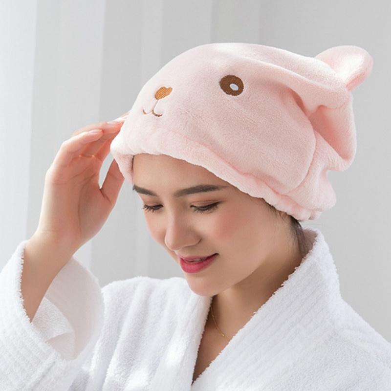 Cute Bear Thick Coral Fleece Microfiber Bath Towel Hair Dry Quick Drying Lady Bath Towel Soft Shower Cap